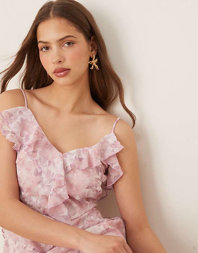Asos Vila Frill Trim Midi Dress In Pink Ditsy Floral