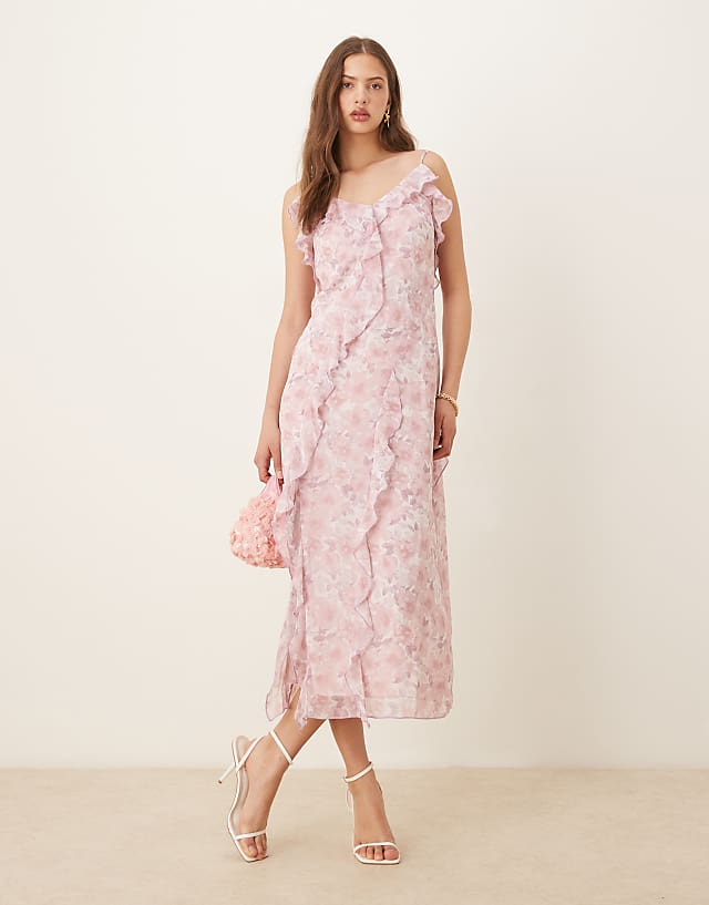 asos Vila frill trim midi dress in pink ditsy floral