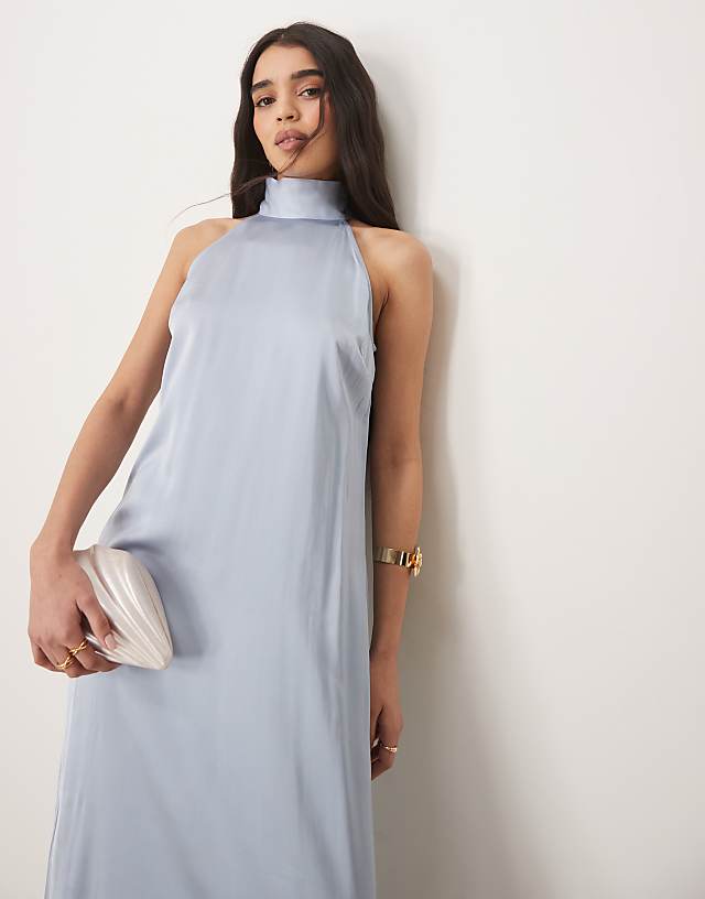 Asos Vila Halterneck Maxi Dress With Tie Neck In Pastel Blue
