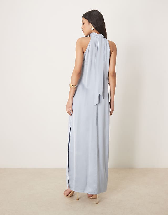 Asos Vila Halterneck Maxi Dress With Tie Neck In Pastel Blue