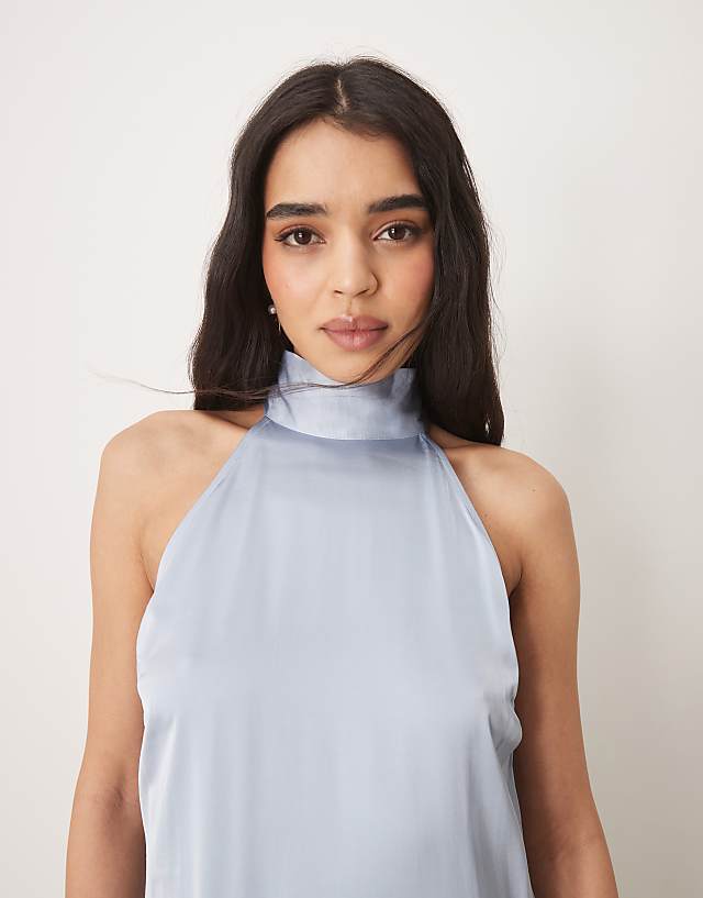 Asos Vila Halterneck Maxi Dress With Tie Neck In Pastel Blue