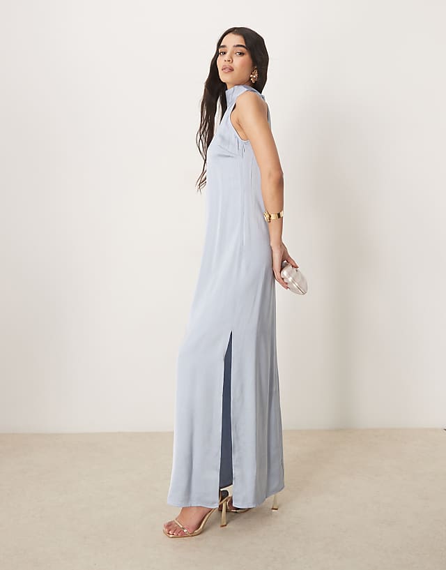 asos Vila halterneck maxi dress with tie neck in pastel blue