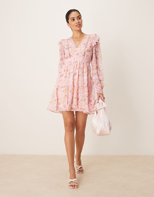 Asos Vila Ladder Lace Frill Detail Mini Dress In Peach Floral Print