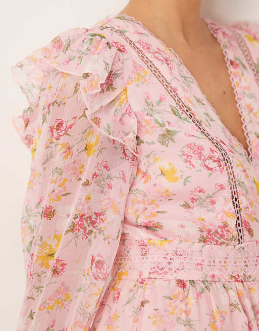 Asos Vila Ladder Lace Frill Detail Mini Dress In Peach Floral Print