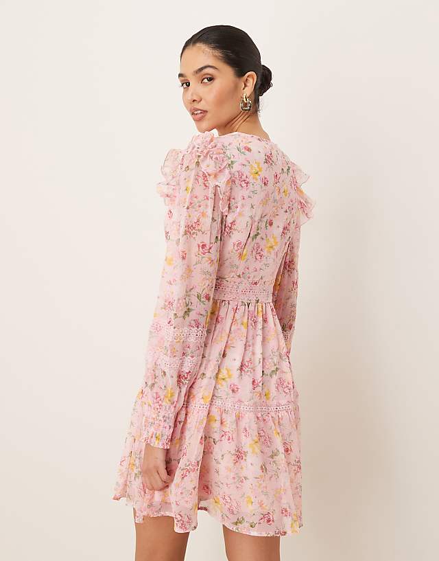 Asos Vila Ladder Lace Frill Detail Mini Dress In Peach Floral Print