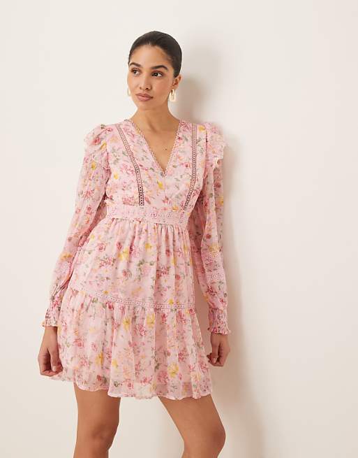 asos Vila ladder lace frill detail mini dress in peach floral print