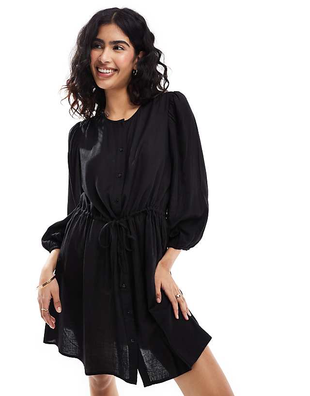 Asos Vila Linen Touch Tie Waist Mini Dress In Black