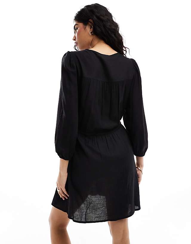 Asos Vila Linen Touch Tie Waist Mini Dress In Black
