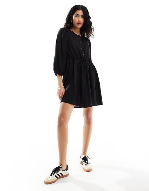asos Vila linen touch tie waist mini dress in black
