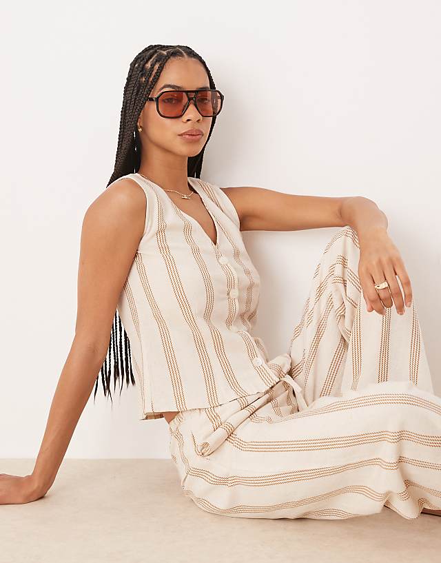 Asos Vila Mix And Match Linen Touch Waistcoat Shorts And Trousers Set In Cream & Tan Stripe
