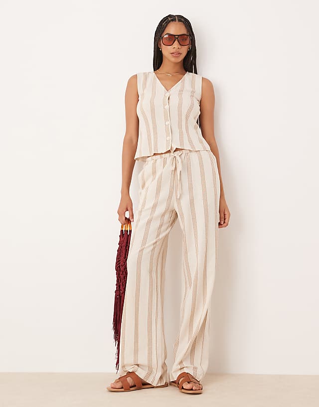 Asos Vila Mix And Match Linen Touch Waistcoat Shorts And Trousers Set In Cream & Tan Stripe