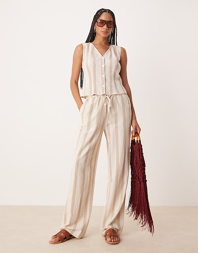 asos Vila mix and match linen touch waistcoat shorts and trousers set in cream & tan stripe