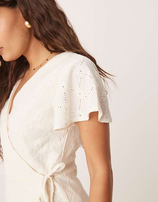 Asos Vila Petite Jersey Broderie Wrap Mini Dress In Cream