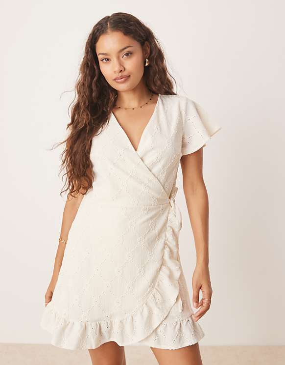 asos Vila Petite jersey broderie wrap mini dress in cream