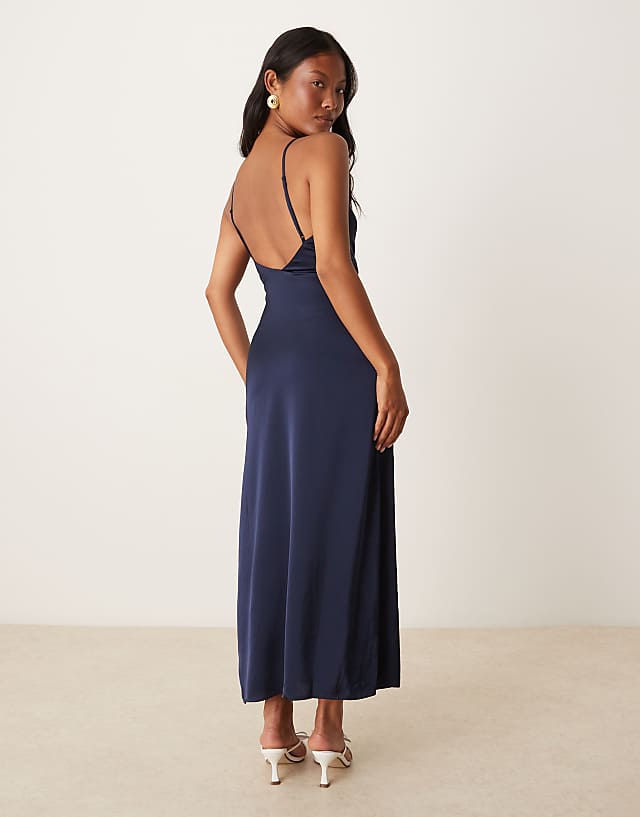 Asos Vila Petite Satin Cowl Neck Cami Maxi Dress In Navy