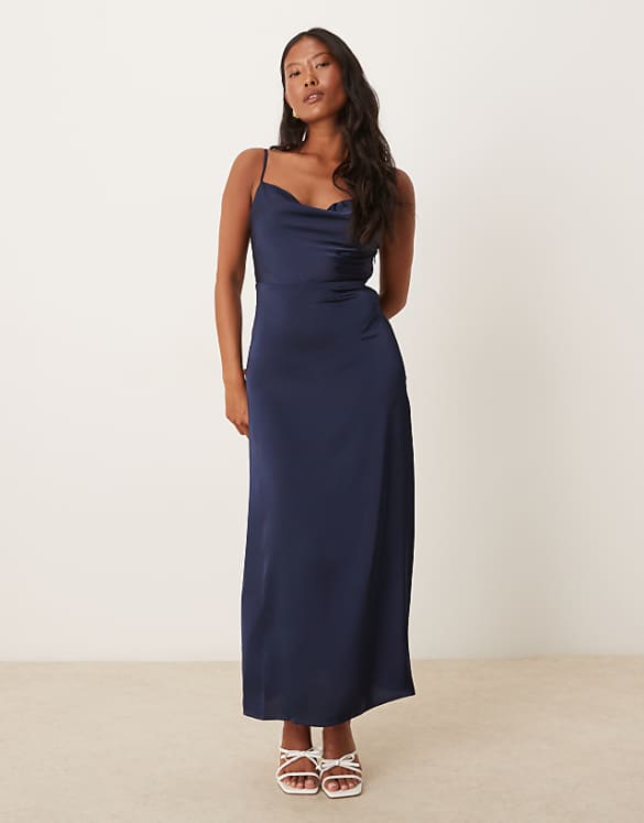 asos Vila Petite satin cowl neck cami maxi dress in navy
