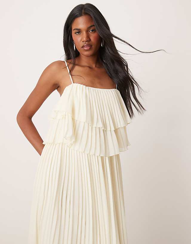 Asos Vila Pleated Ruffle Layer Cami Maxi Dress In Birch Cream
