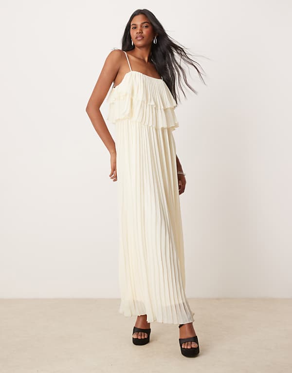 asos Vila pleated ruffle layer cami maxi dress in birch cream