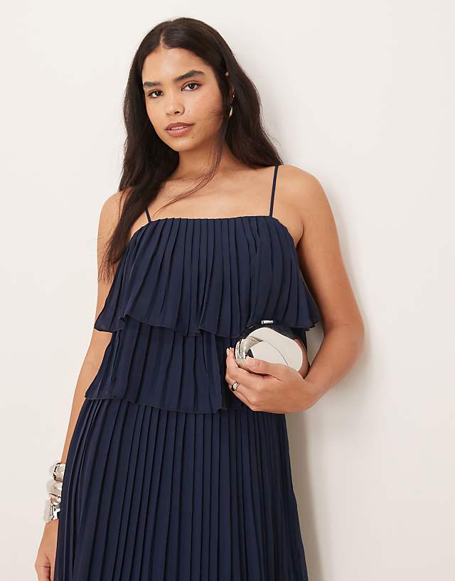 Asos Vila Pleated Ruffle Layer Cami Maxi Dress In Navy