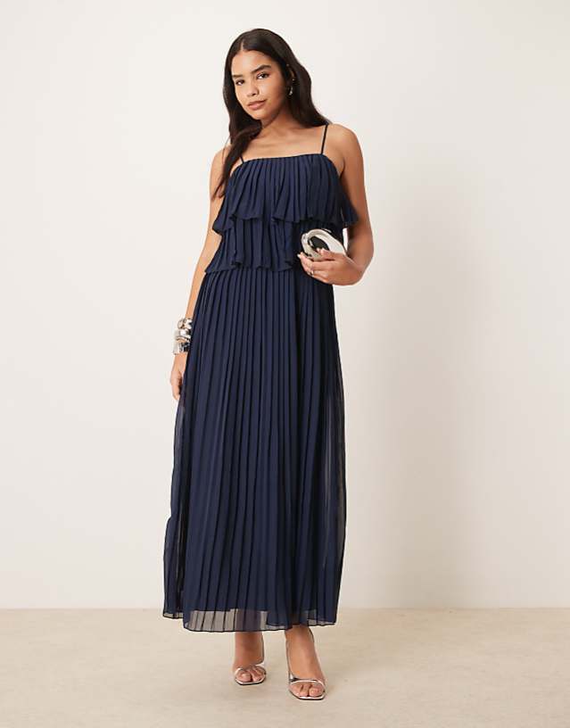 asos Vila pleated ruffle layer cami maxi dress in navy