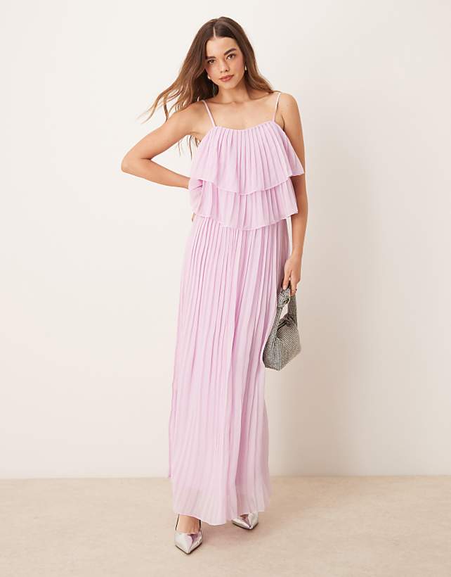 asos Vila pleated ruffle layer cami maxi dress in orchid pink