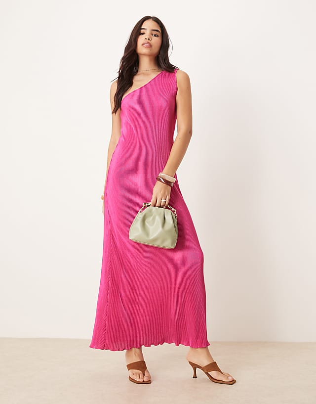Asos Vila Plisse One Shoulder Sleeveless Maxi Dress In Raspberry Pink