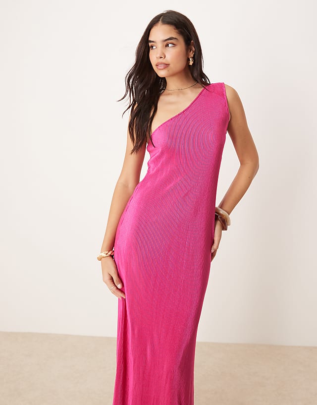 asos Vila plisse one shoulder sleeveless maxi dress in raspberry pink