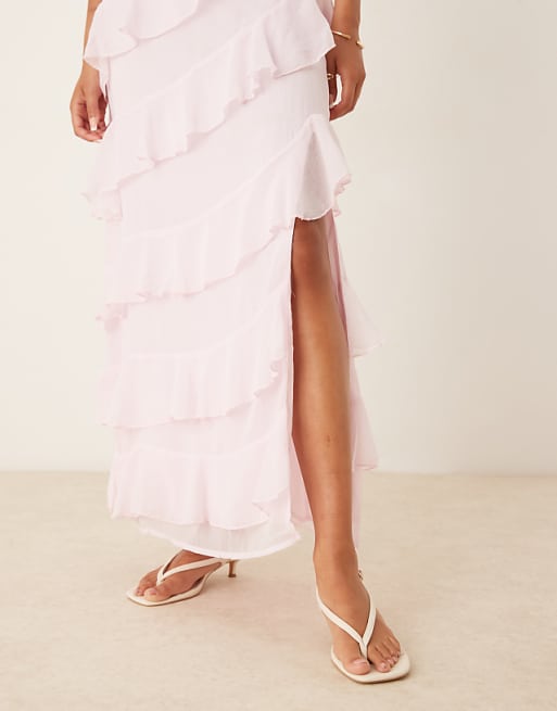 Asos Vila Ruffle Cami Maxi Dress With Leg Split In Light Pink