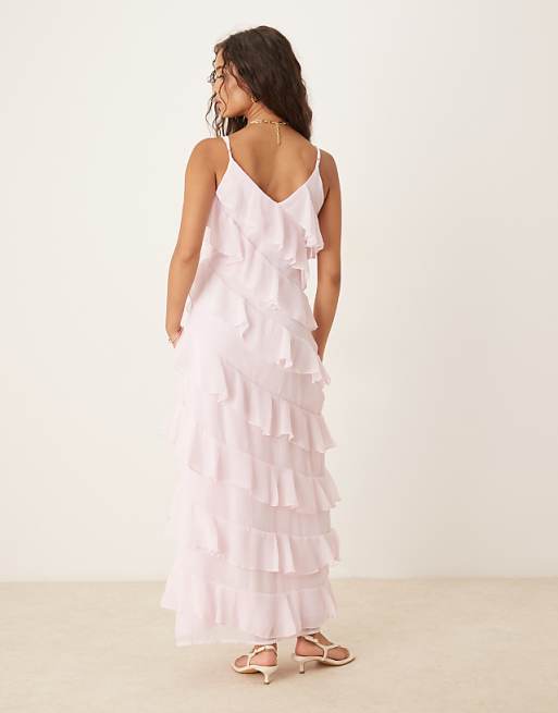 Asos Vila Ruffle Cami Maxi Dress With Leg Split In Light Pink