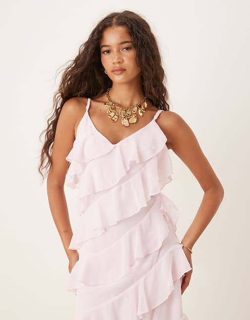 Asos Vila Ruffle Cami Maxi Dress With Leg Split In Light Pink
