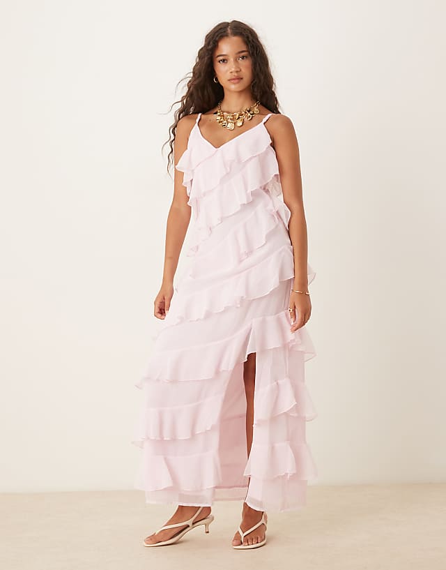 asos Vila ruffle cami maxi dress with leg split in light pink