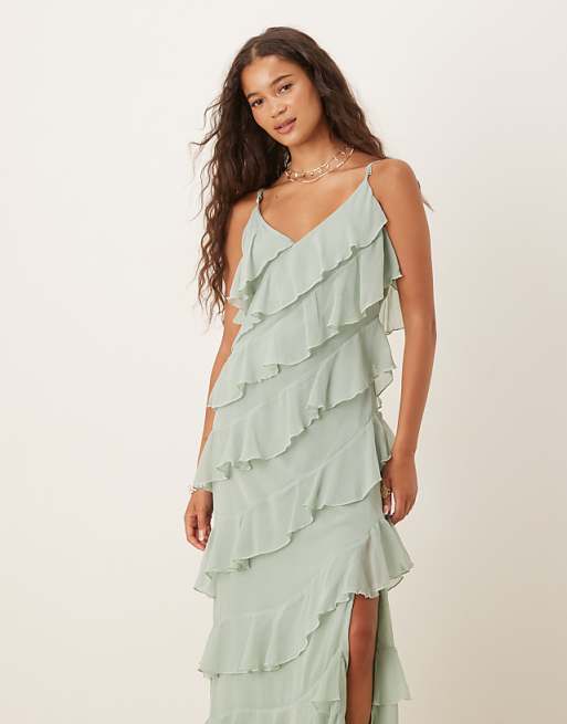 Asos Vila Ruffle Cami Midi Dress With Leg Split In Sage Green