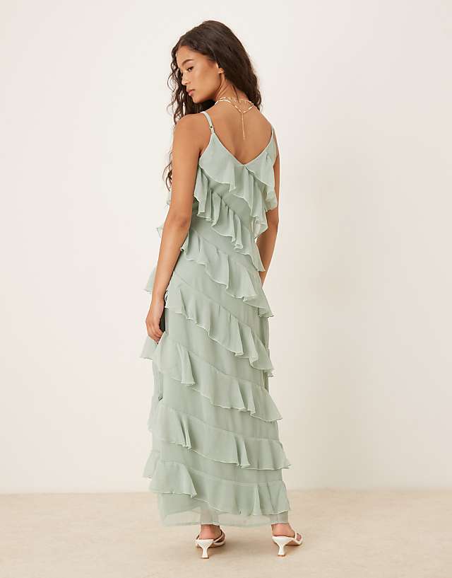Asos Vila Ruffle Cami Midi Dress With Leg Split In Sage Green