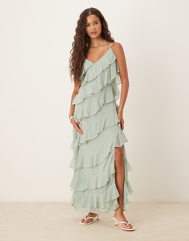 asos Vila ruffle cami midi dress with leg split in sage green