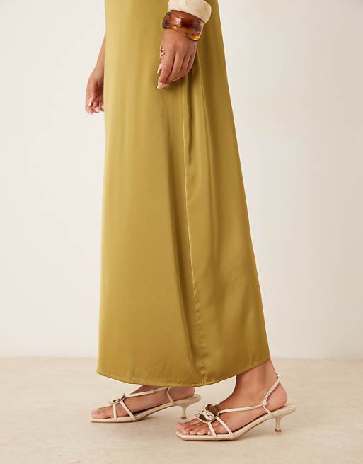 Asos Vila Satin Cowl Neck Maxi Dress In Olive Green