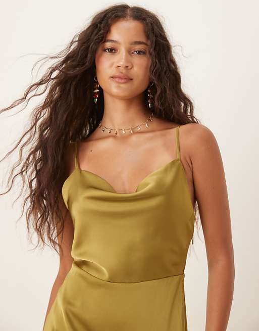 Asos Vila Satin Cowl Neck Maxi Dress In Olive Green