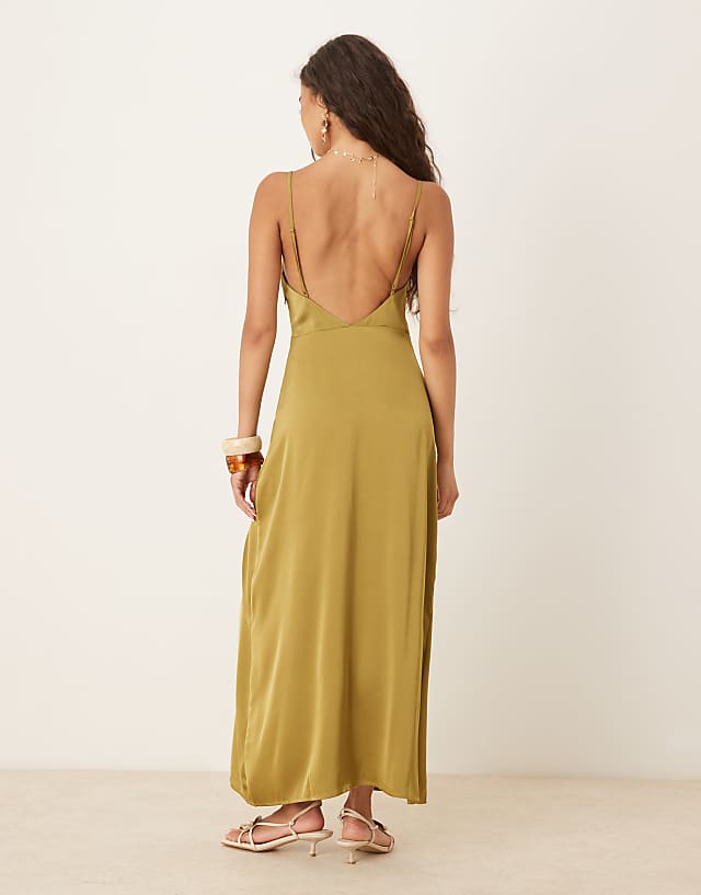 Asos Vila Satin Cowl Neck Maxi Dress In Olive Green