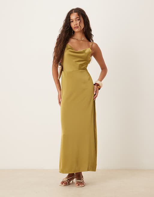 asos Vila satin cowl neck maxi dress in olive green