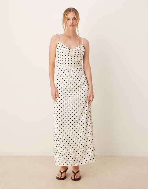 Asos Vila Satin Polka Dot Midi Dress In White And Black