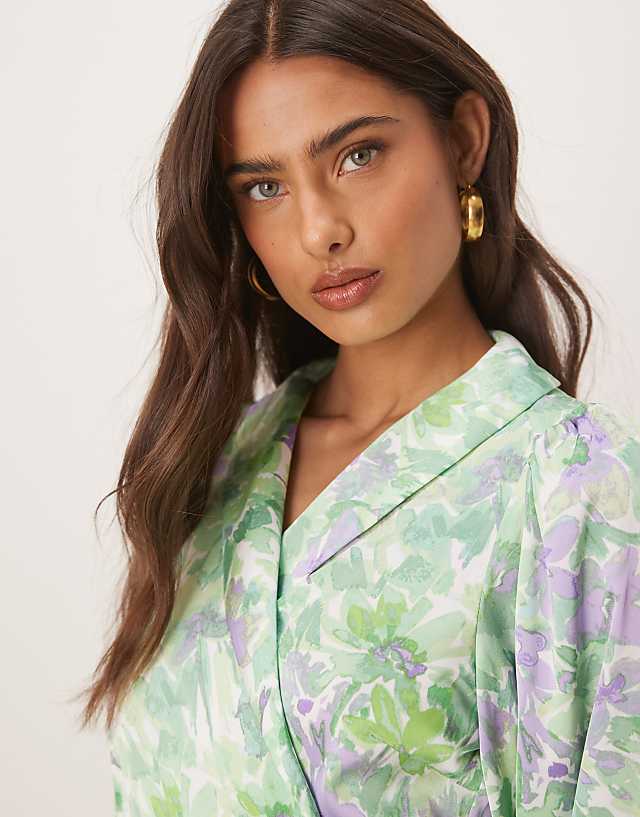 Asos Vila Satin Wrap Mini Dress In Summer Green Floral Print