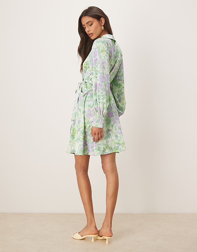 Asos Vila Satin Wrap Mini Dress In Summer Green Floral Print