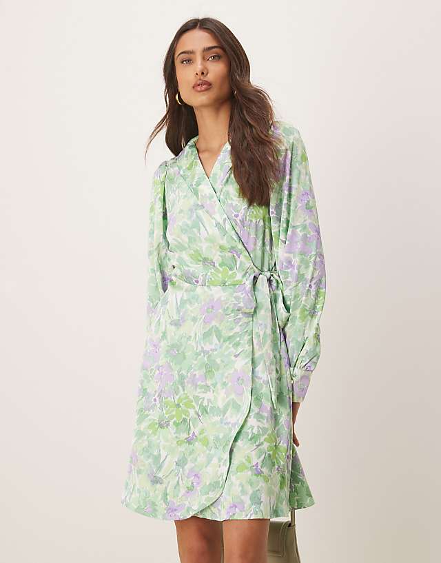 Asos Vila Satin Wrap Mini Dress In Summer Green Floral Print
