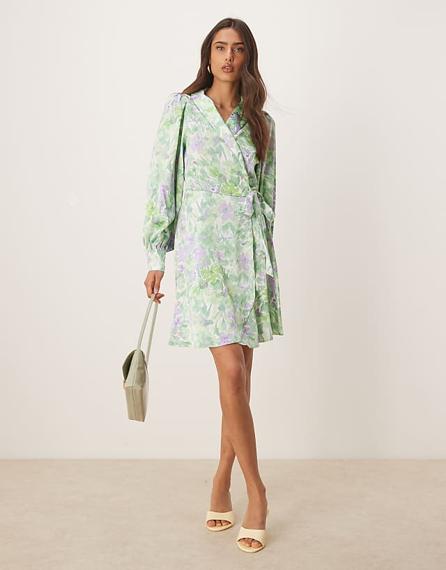asos Vila satin wrap mini dress in summer green floral print