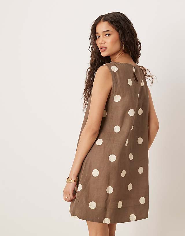 Asos VRG GRL Aftersun Polka Dot Linen Mini Shift Dress In Brown