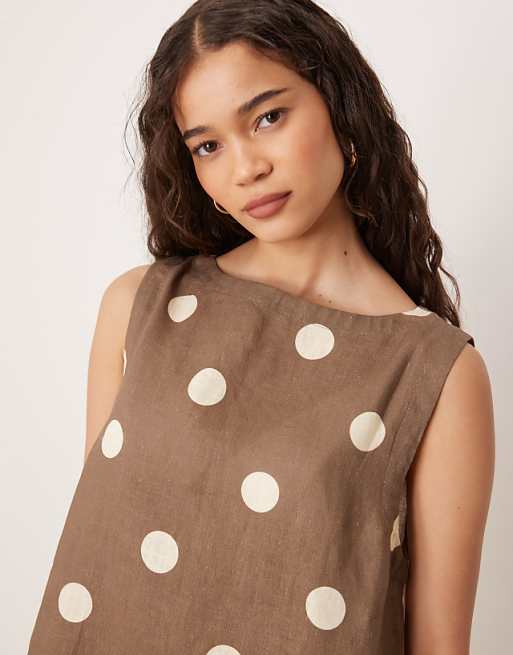 Asos VRG GRL Aftersun Polka Dot Linen Mini Shift Dress In Brown