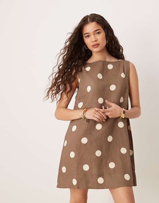 asos VRG GRL aftersun polka dot linen mini shift dress in brown