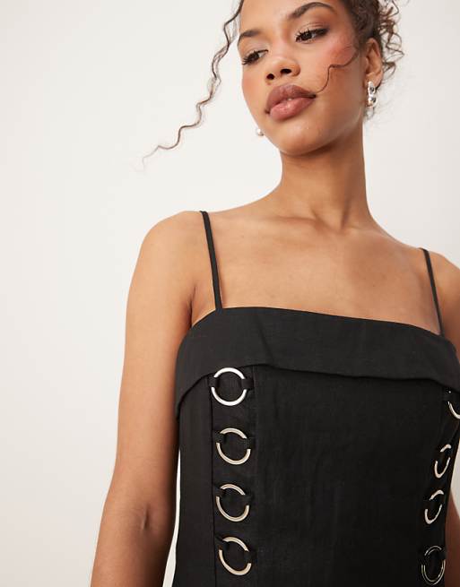 Asos VRG GRL Alessa Linen Mini Dress With Eyelets In Black