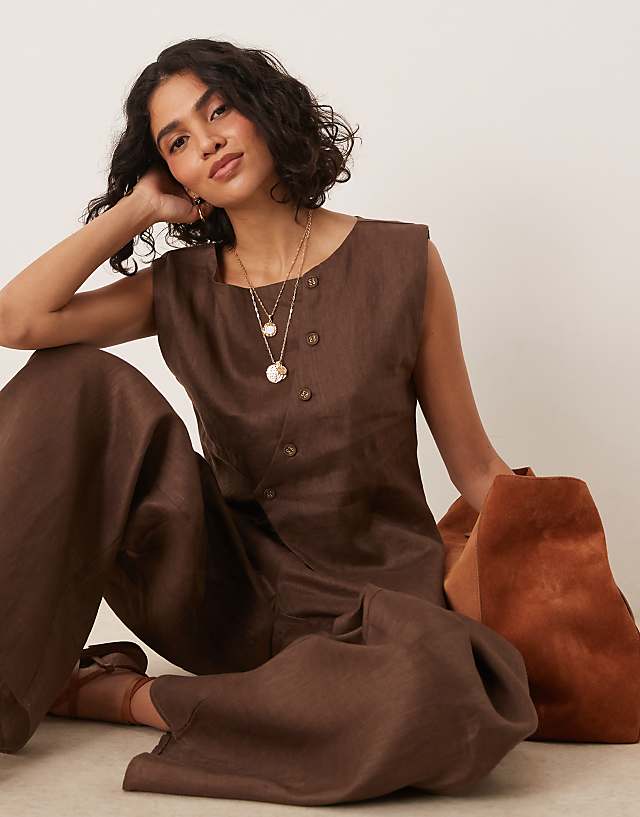 Asos VRG GRL Aria Linen Vest In Chocolate Brown Co-ord