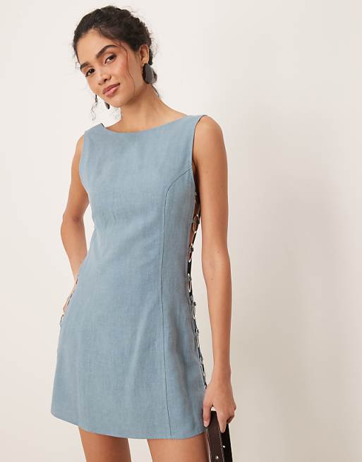 Asos VRG GRL Discoteca Mini Linen Dress In Sea Blue