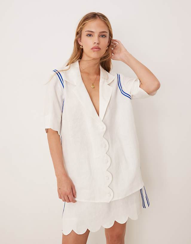 asos VRG GRL gigi scallop edge linen shirt co-ord in white